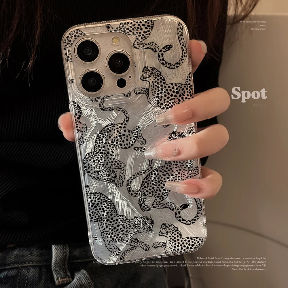 Modern Glittery Silver Leopard Phone Accessories Case For iPhone 15 Plus 16 17 Pro Max 14 13 12 11 X XS XR 7 8 Protective Cover