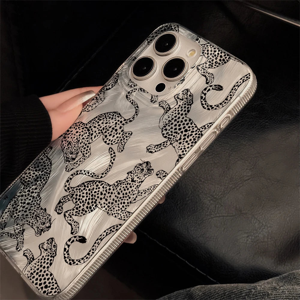 Modern Glittery Silver Leopard Phone Accessories Case For iPhone 15 Plus 16 17 Pro Max 14 13 12 11 X XS XR 7 8 Protective Cover