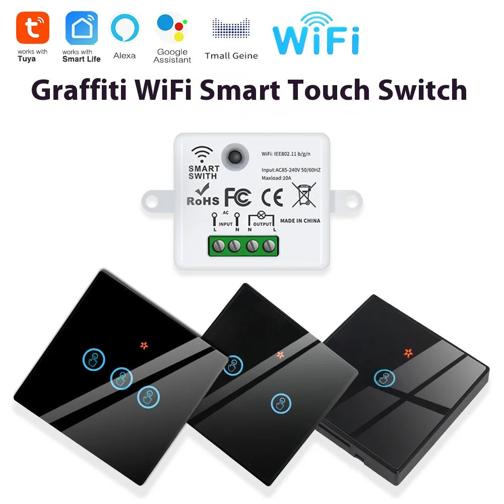 The Tuya smart switch-off device features wireless touch, WiFi, random stickers, APP remote control, Alexa voice control, and ti