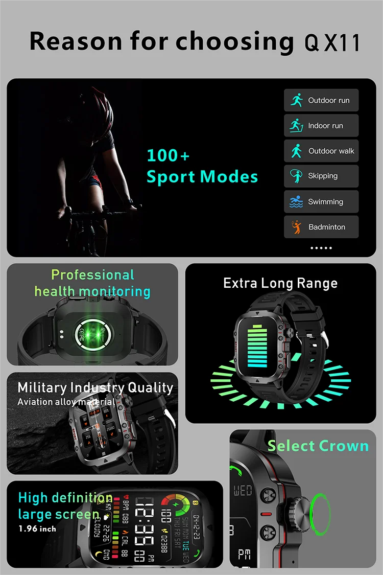 QX11 Smart Watch 2024 New 420Mah Battery Outdoor Rugged Waterproof Durable Smartwatch Reloj for Men Hombre