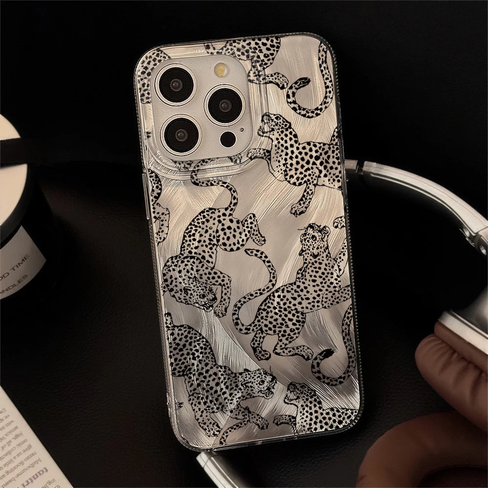 Modern Glittery Silver Leopard Phone Accessories Case For iPhone 15 Plus 16 17 Pro Max 14 13 12 11 X XS XR 7 8 Protective Cover