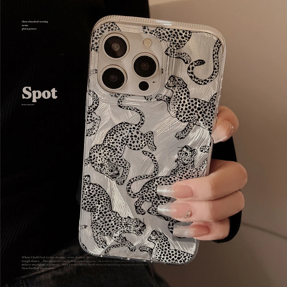 Modern Glittery Silver Leopard Phone Accessories Case For iPhone 15 Plus 16 17 Pro Max 14 13 12 11 X XS XR 7 8 Protective Cover