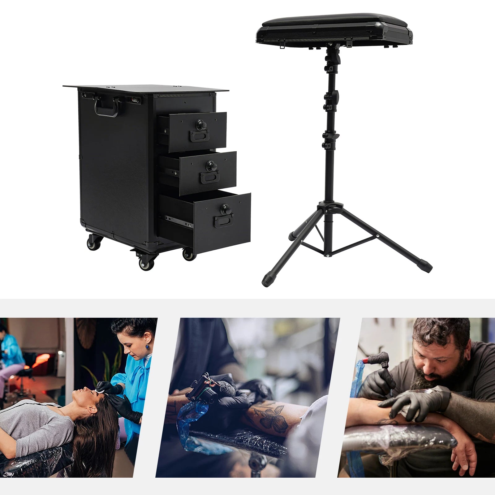 Professional Rolling Makeup Case with 3 Drawers Acrylic Top Removable Tripod Stand with 4 Universal Wheels for Makeup Artist