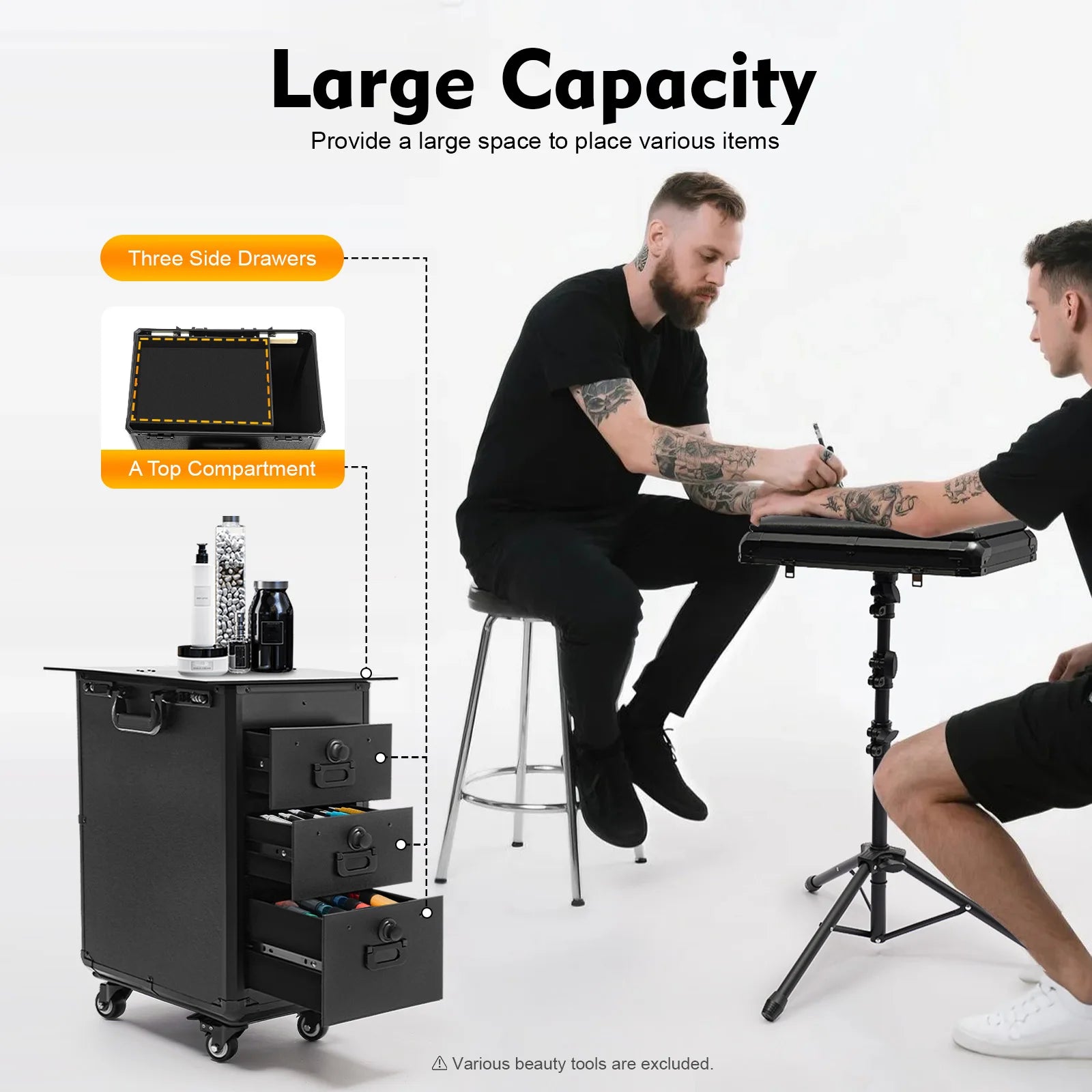Professional Rolling Makeup Case with 3 Drawers Acrylic Top Removable Tripod Stand with 4 Universal Wheels for Makeup Artist