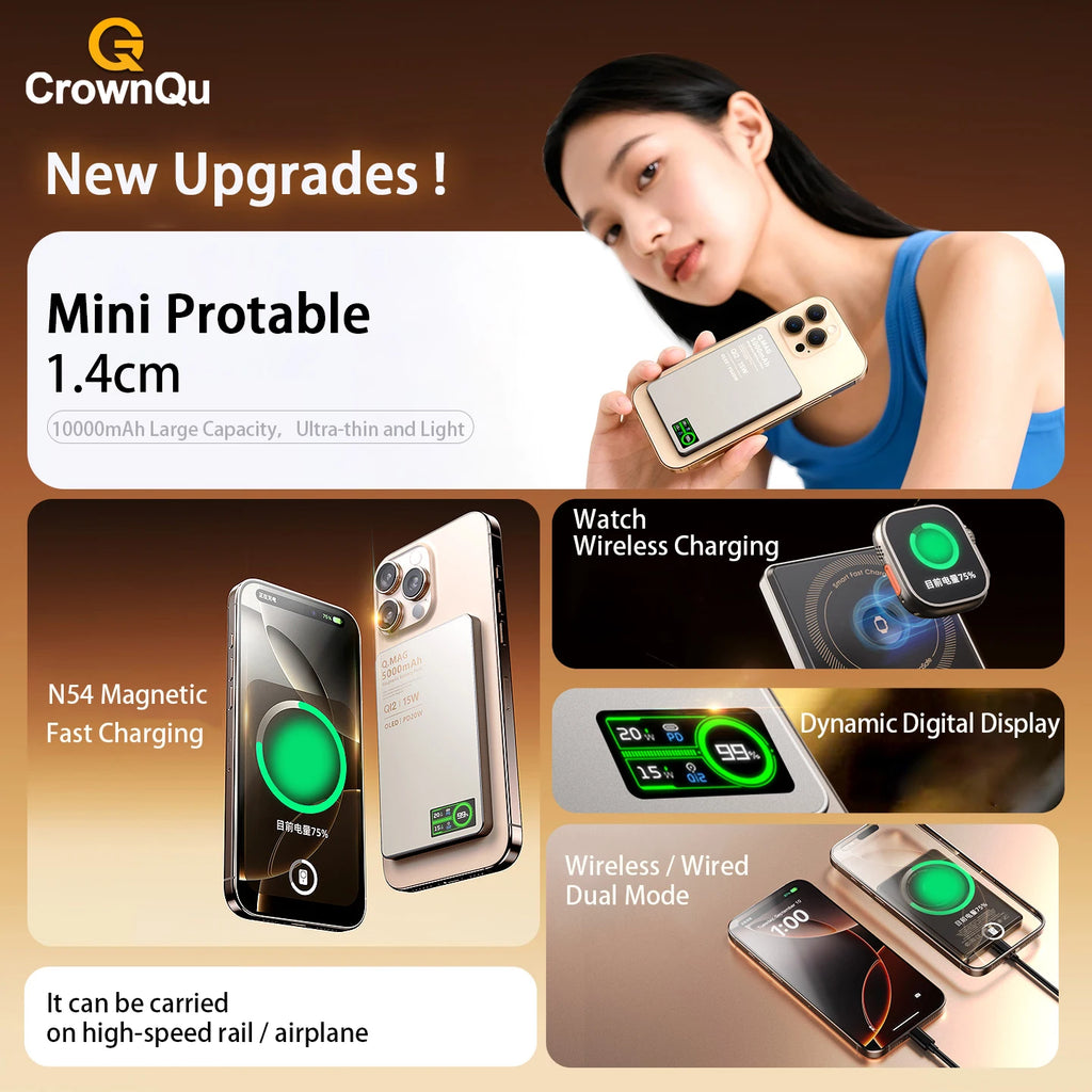 Magnetic Wireless Powerbank Qi 2.1 USB-C Fast Charging External Battery for iPhone 12-17 Pro Airpods Apple Watch Xiaomi 10000mAh