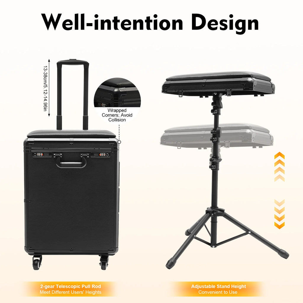 Professional Rolling Makeup Case with 3 Drawers Acrylic Top Removable Tripod Stand with 4 Universal Wheels for Makeup Artist