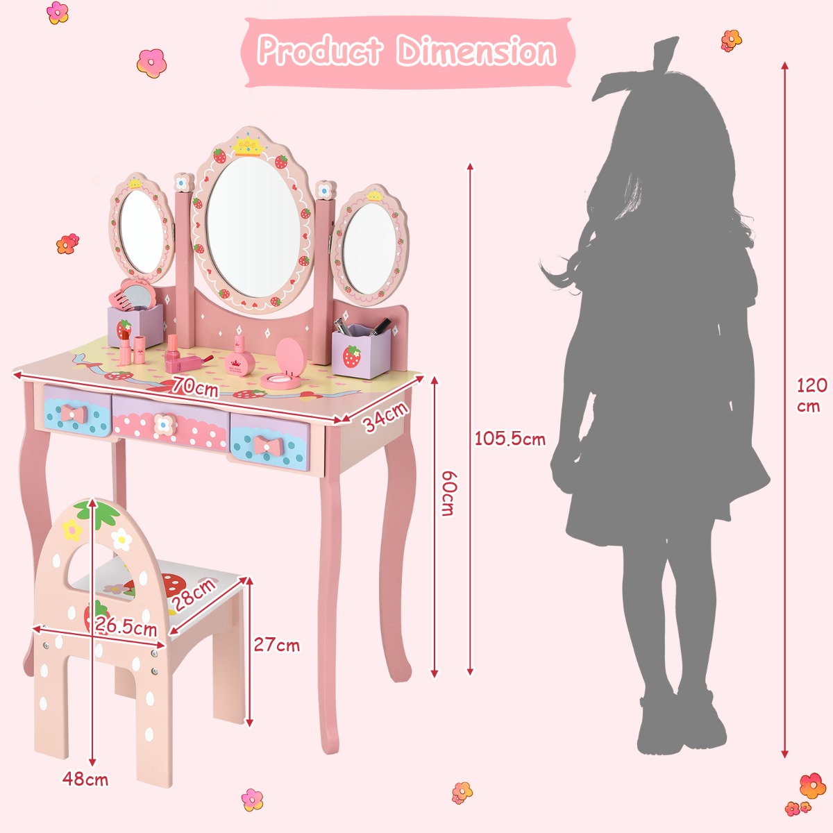 NNECW Kids Princess Vanity Table &amp Chair Set with 360 Rotating Mirror-Pink