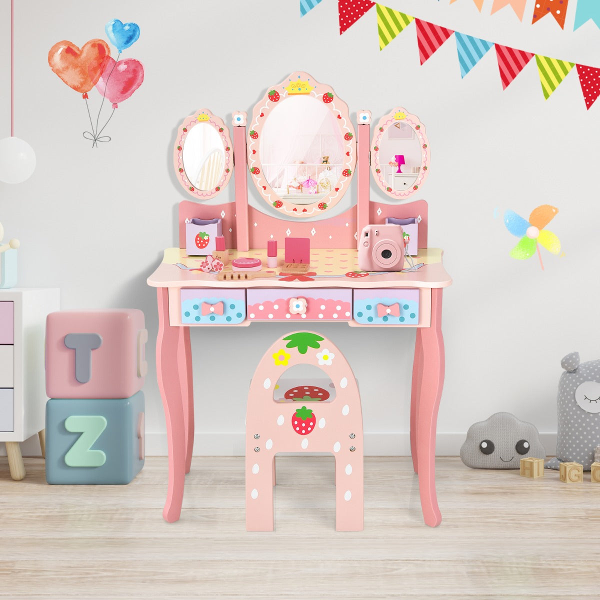 NNECW Kids Princess Vanity Table &amp Chair Set with 360 Rotating Mirror-Pink