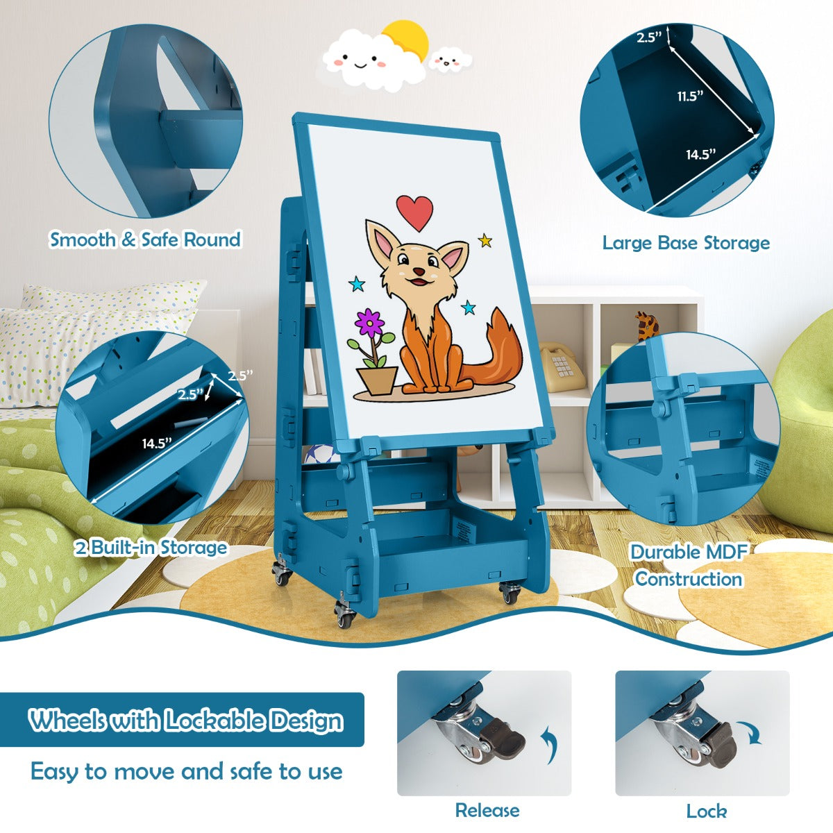 NNECW Multifunctional Art Easel with Storage for Kids-Navy